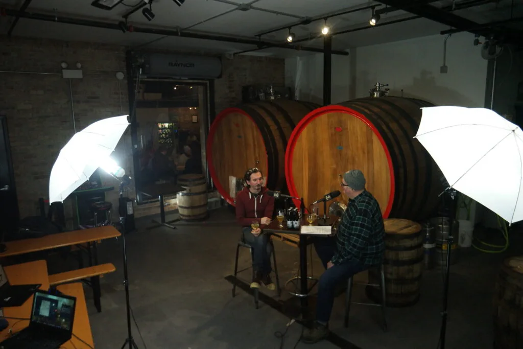 Off Color Brewing co-founder and head brewer John Laffler (left) talks to Brian Noonan, host of the Crafty Brewers podcast