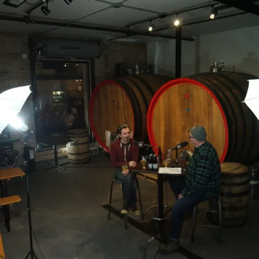 Off Color Brewing co-founder and head brewer John Laffler (left) talks to Brian Noonan, host of the Crafty Brewers podcast