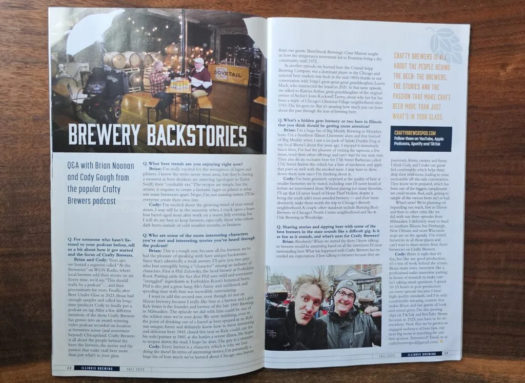 The Fall 2025 edition of Illinois Brewing Magazine features Crafty Brewers podcast creators Cody Gough and Brian Noonan