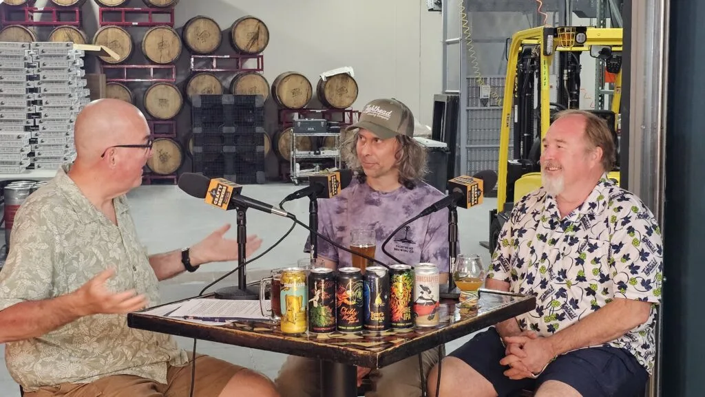 Brian Noonan (left) talks to Tighthead Brewing Company Brew Master Billy Oaks (center) and Owner/Brewer Bruce Dir (right) on the Crafty Brewers podcast