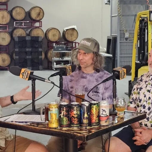 Brian Noonan (left) talks to Tighthead Brewing Company Brew Master Billy Oaks (center) and Owner/Brewer Bruce Dir (right) on the Crafty Brewers podcast