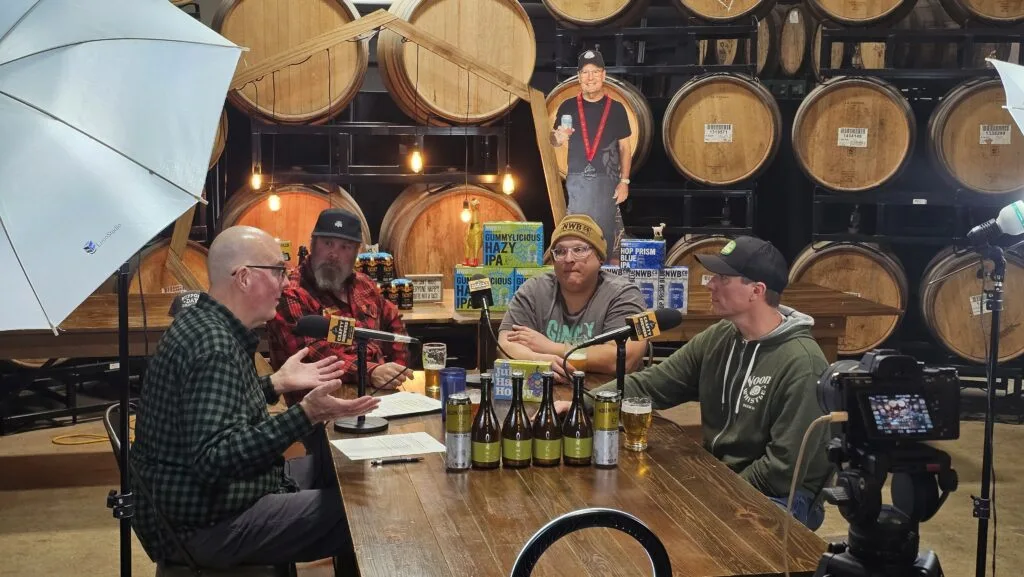 From left to right: Crafty Brewers podcast host Brian Noonan and Noon Whistle Brewing's Paul Kreiner (Co-Owner & Brewmaster), Joe Condon (Marketing & Creative Director), and Mike Condon (Co-Owner)