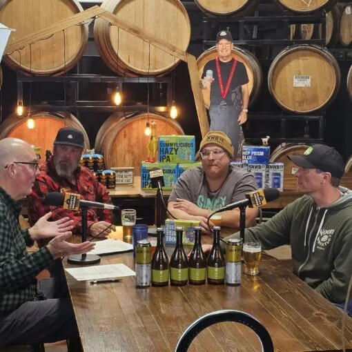 From left to right: Crafty Brewers podcast host Brian Noonan and Noon Whistle Brewing's Paul Kreiner (Co-Owner & Brewmaster), Joe Condon (Marketing & Creative Director), and Mike Condon (Co-Owner)