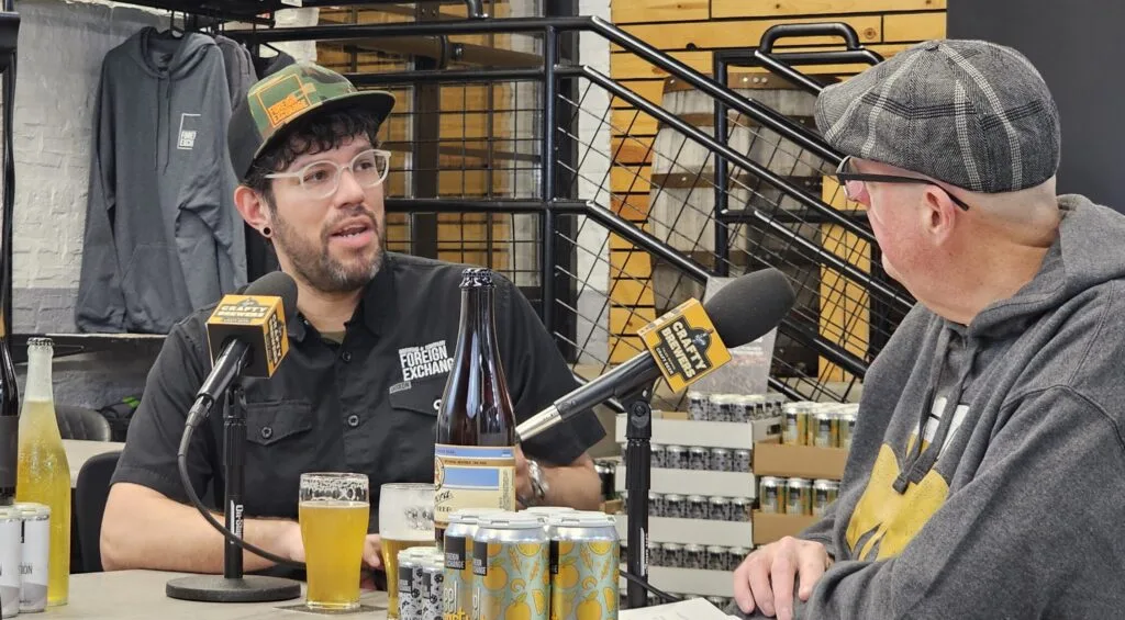 Foreign Exchange Brewing Company Founder and Director of Brewing Operations Ricky Cervantes (left) talks to Crafty Brewers podcast host Brian Noonan (right)