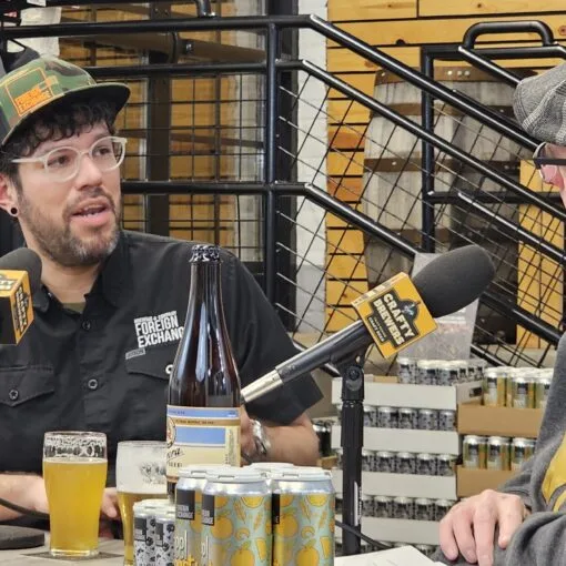 Foreign Exchange Brewing Company Founder and Director of Brewing Operations Ricky Cervantes (left) talks to Crafty Brewers podcast host Brian Noonan (right)