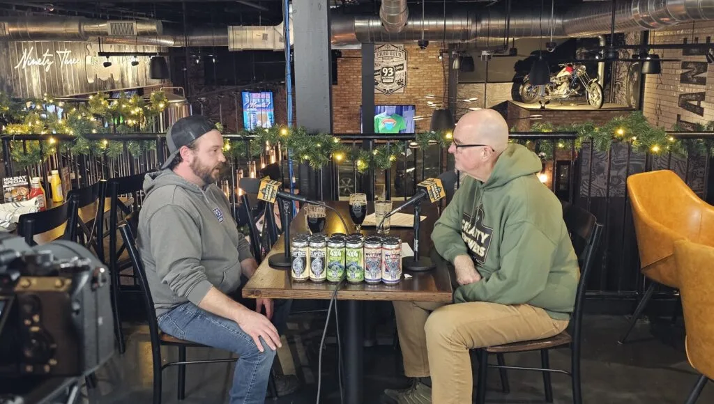 93 Octane Brewery Head Brewer Alex Makowski (left) talks to Crafty Brewers podcast host Brian Noonan (right) in their Elmhurst taproom