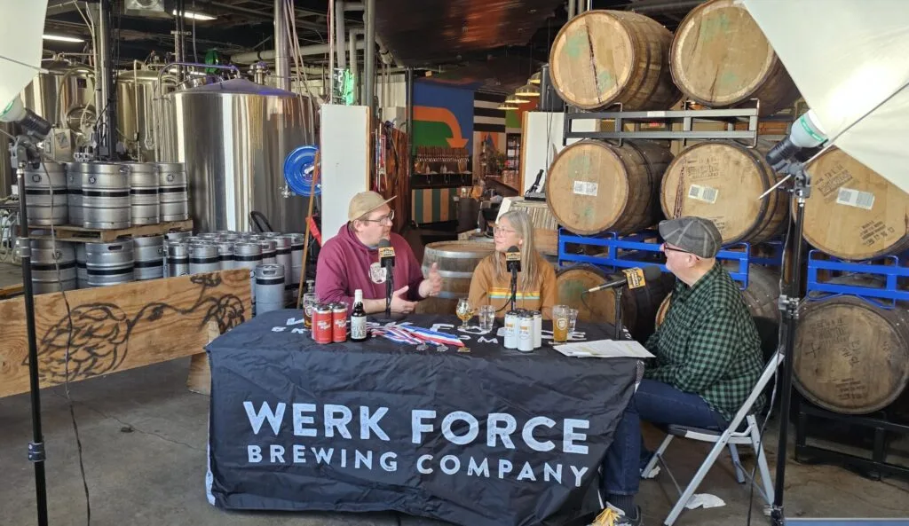 Werk Force Brewing Company Co-Owners Brandon and Amanda Wright (left, center) talk to Brian Noonan (right) on the Crafty Brewers podcast