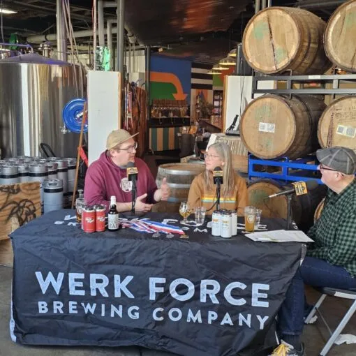 Werk Force Brewing Company Co-Owners Brandon and Amanda Wright (left, center) talk to Brian Noonan (right) on the Crafty Brewers podcast