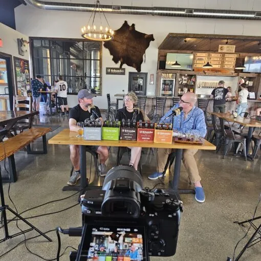 Kishwaukee Brewing Co's Dan Payson (left) and Cara Payson (center) talk to Crafty Brewers podcast host Brian Noonan (right)